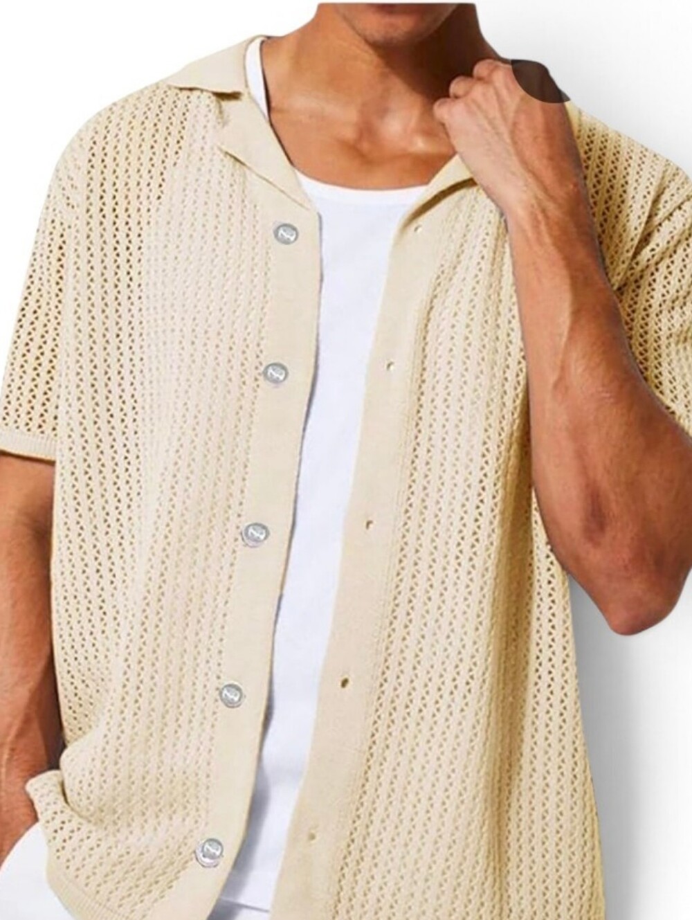 Crochet mens Button-Down shirt  Open Knit Camp Collar Shirt Cactus Man